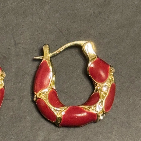 Red and Gold Hoop Earrings with Rhinestones - Picture 2 of 3